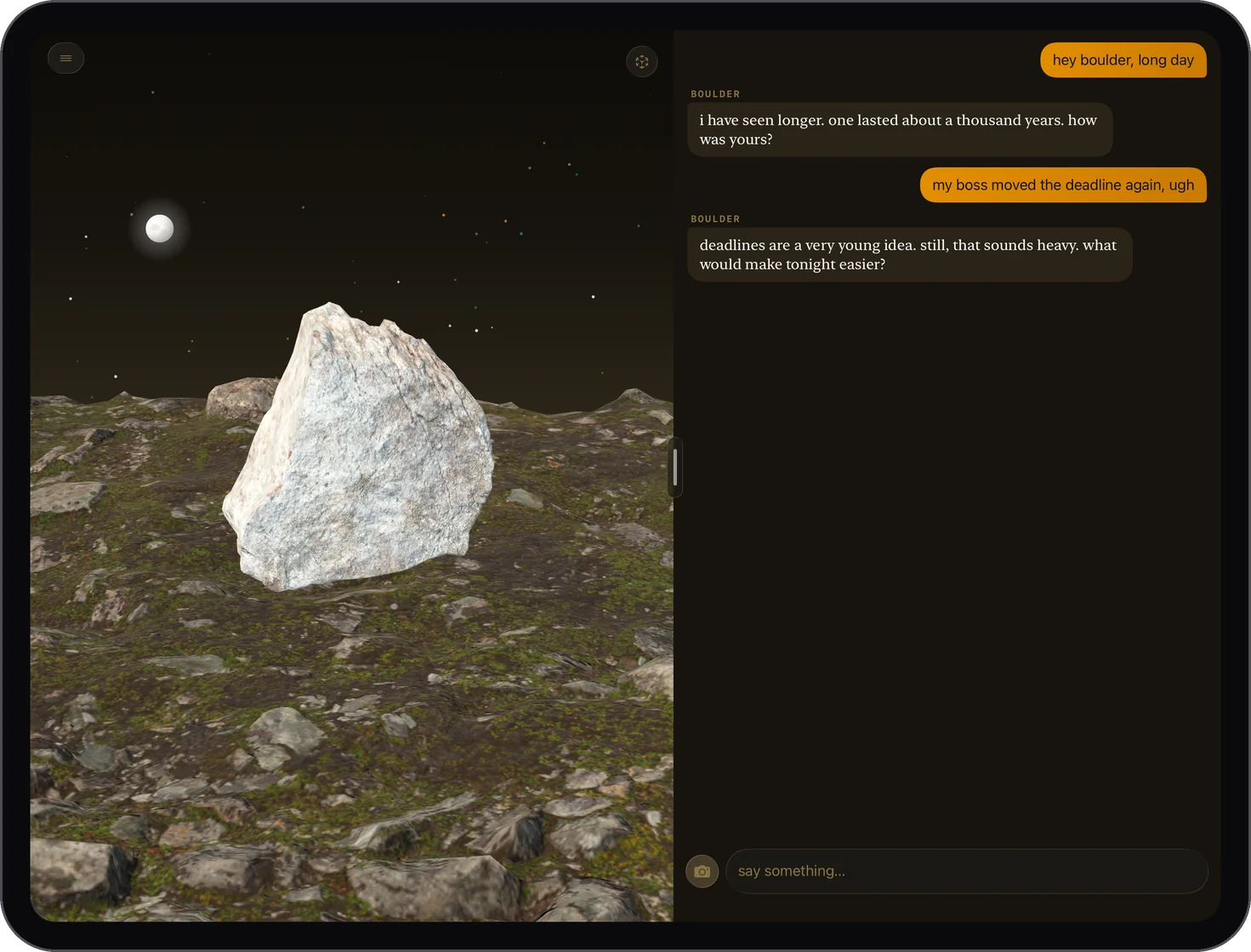 RockChat:AI on an iPad, by night