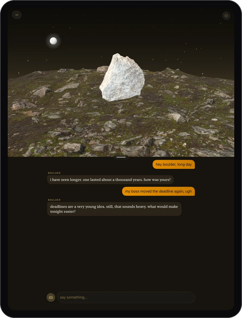 RockChat:AI on an iPad held upright, by night